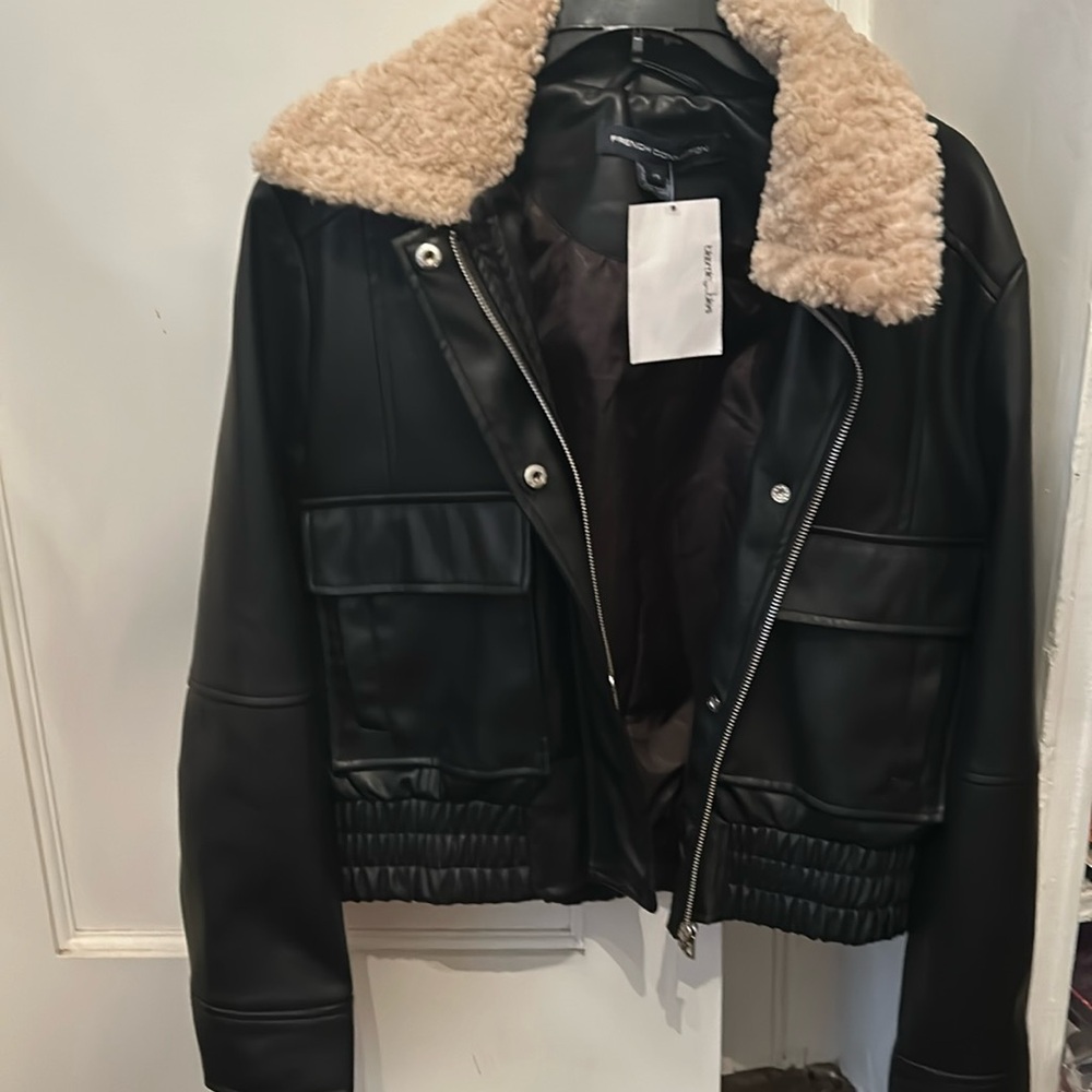 Faux leather and fur bomber jacket.